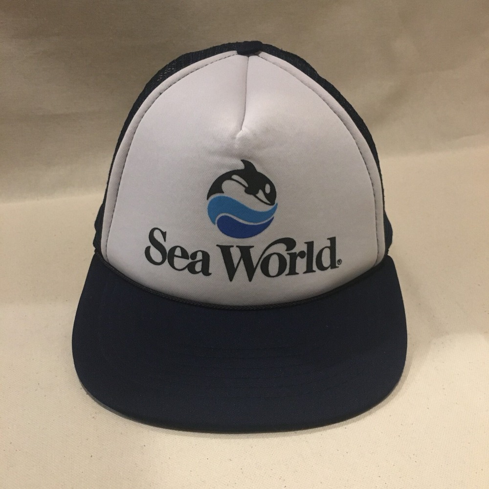 VINTAGE Sea World Hat Cap Mens Snap Back Blue White Trucker Logo Beach Swim 90s